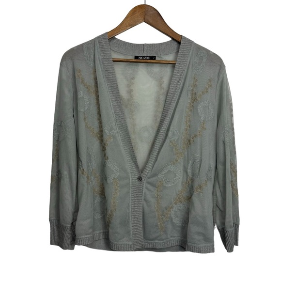 NIC+ZOE Sweaters - Nic + Zoe Gray Embroidered Sheer Cardigan Vines Pattern Boho Large